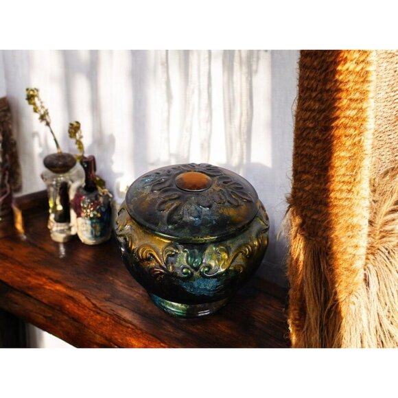 Antique Glazed Ceramic Jar with Lid Bohemian Rustic Decor 6" Tall - Picture 4 of 9